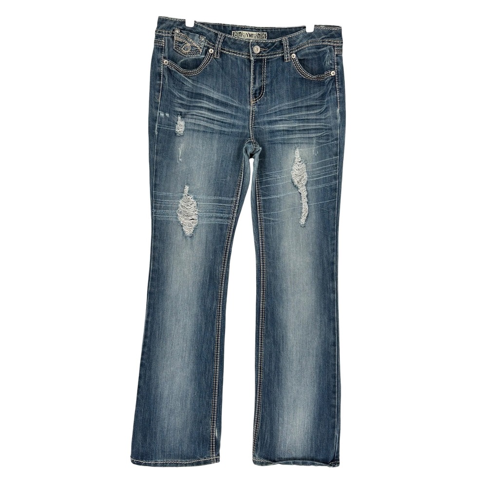 YMI Icon Bootcut Jeans Blue Distressed Rhinestone Contrast Stitch Size 13